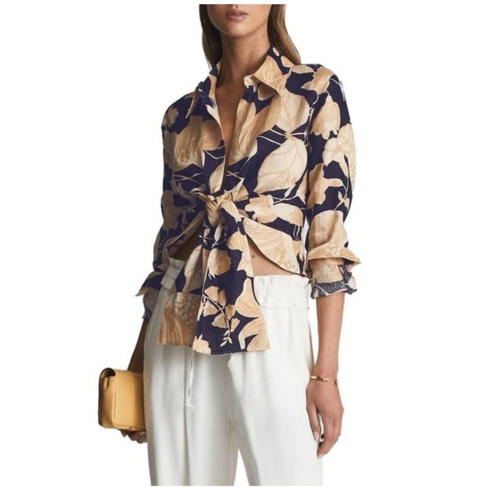 NWT Reiss Corrinne Linen Floral Tie Waist Blouse Cream Navy Size 4